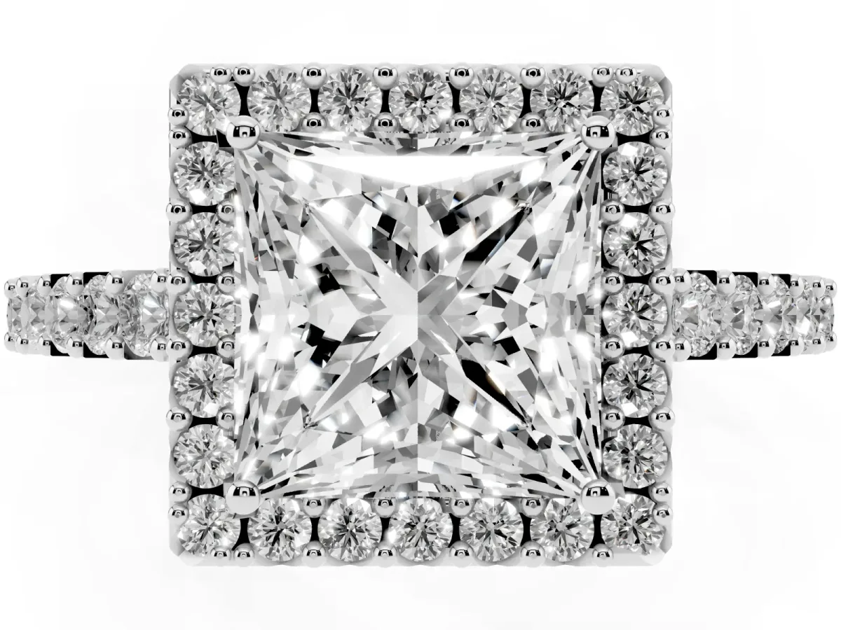 Princess Cut Halo Diamond Pavé Solitaire Ring Platinum