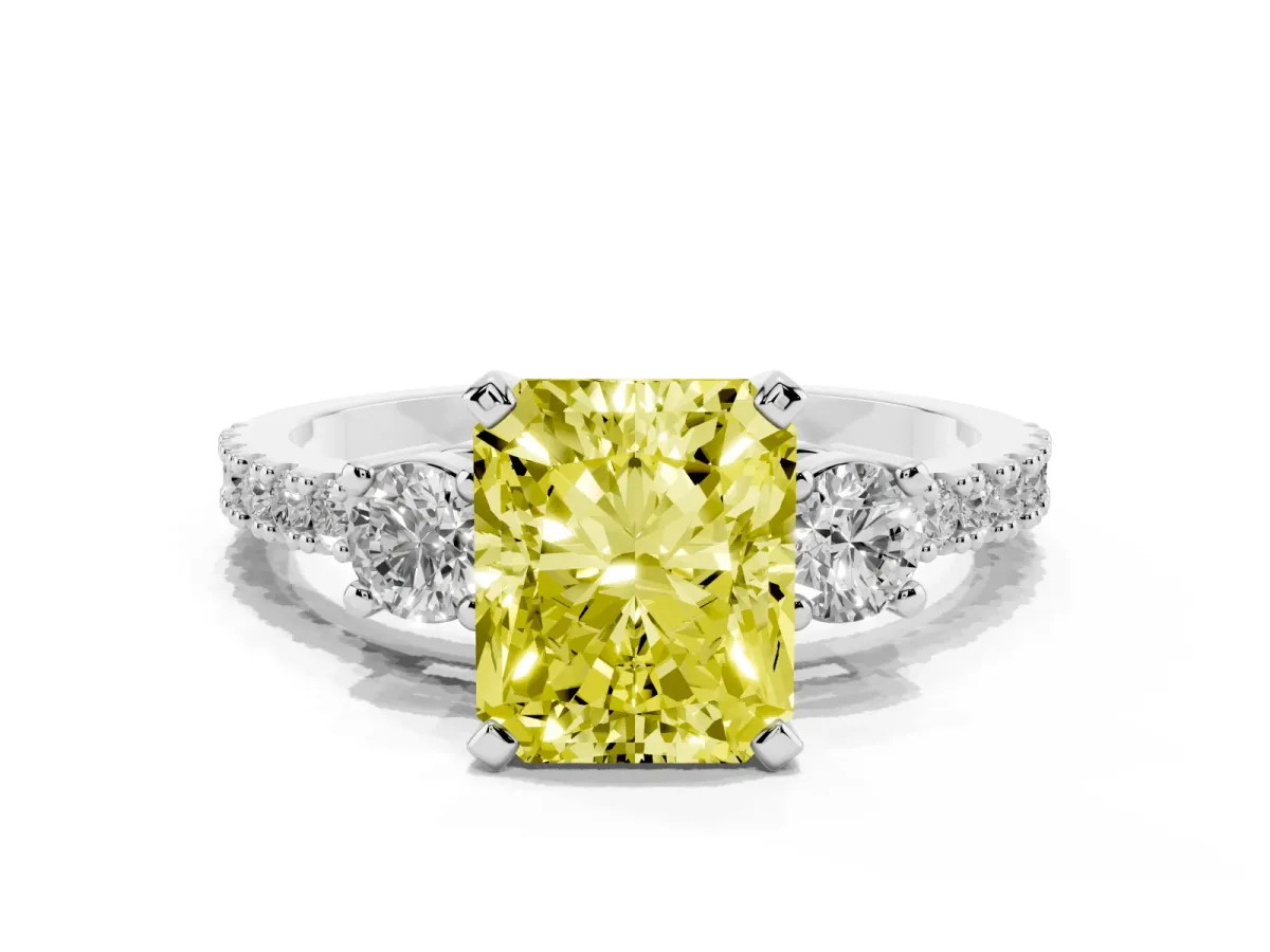 Fancy Yellow Radiant Cut Three-Stone Diamond Pavé Band with Prong Setting Silver