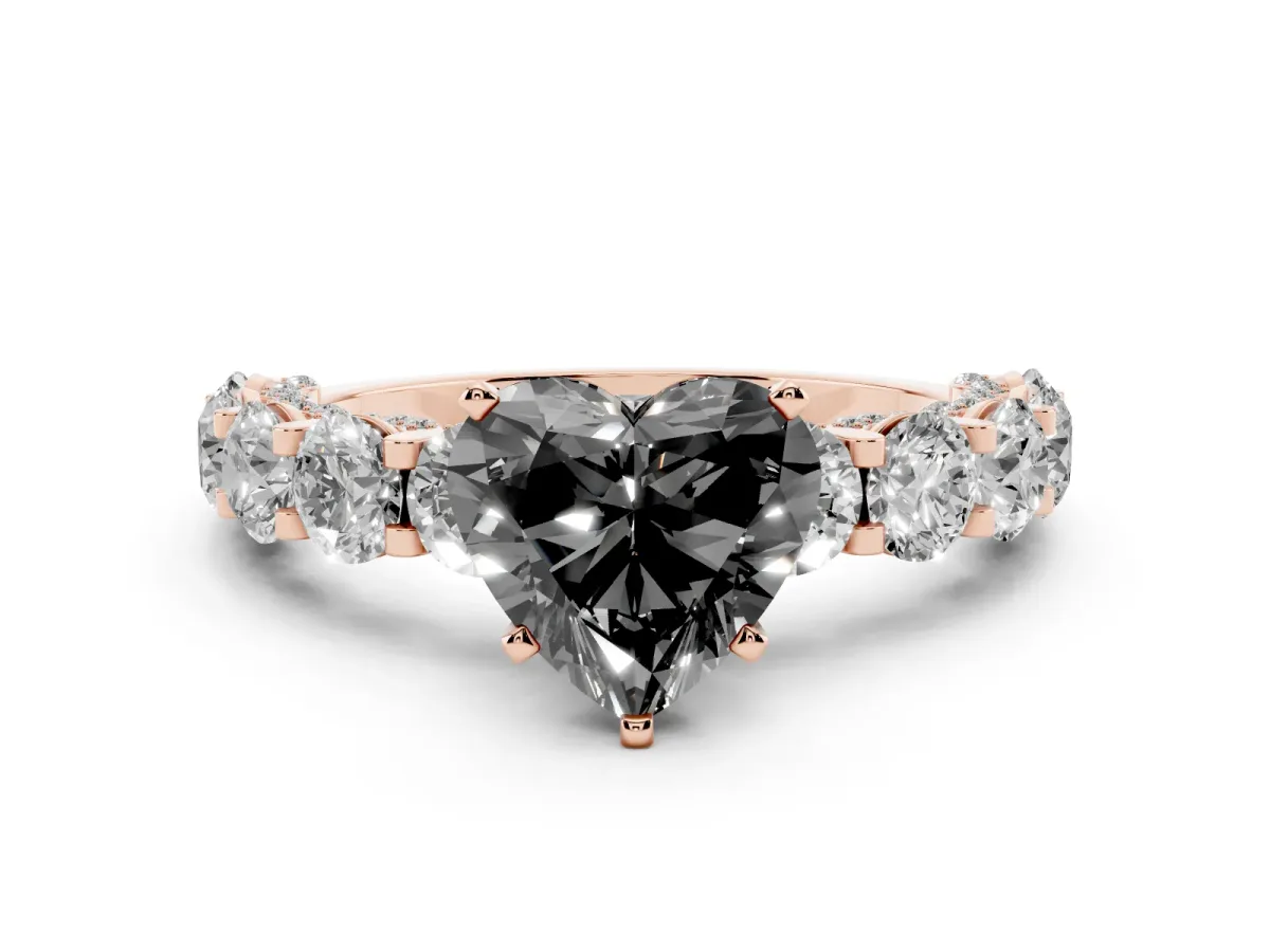 Fancy Black Heart Cut Diamond Side Stone Engagement Ring with Four-Prong Setting Rose gold