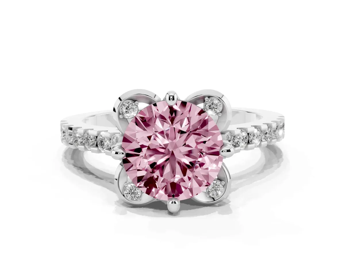 Fancy Pink Round Cut Diamond Ring with Pavé Band and Floral Prong Setting Silver