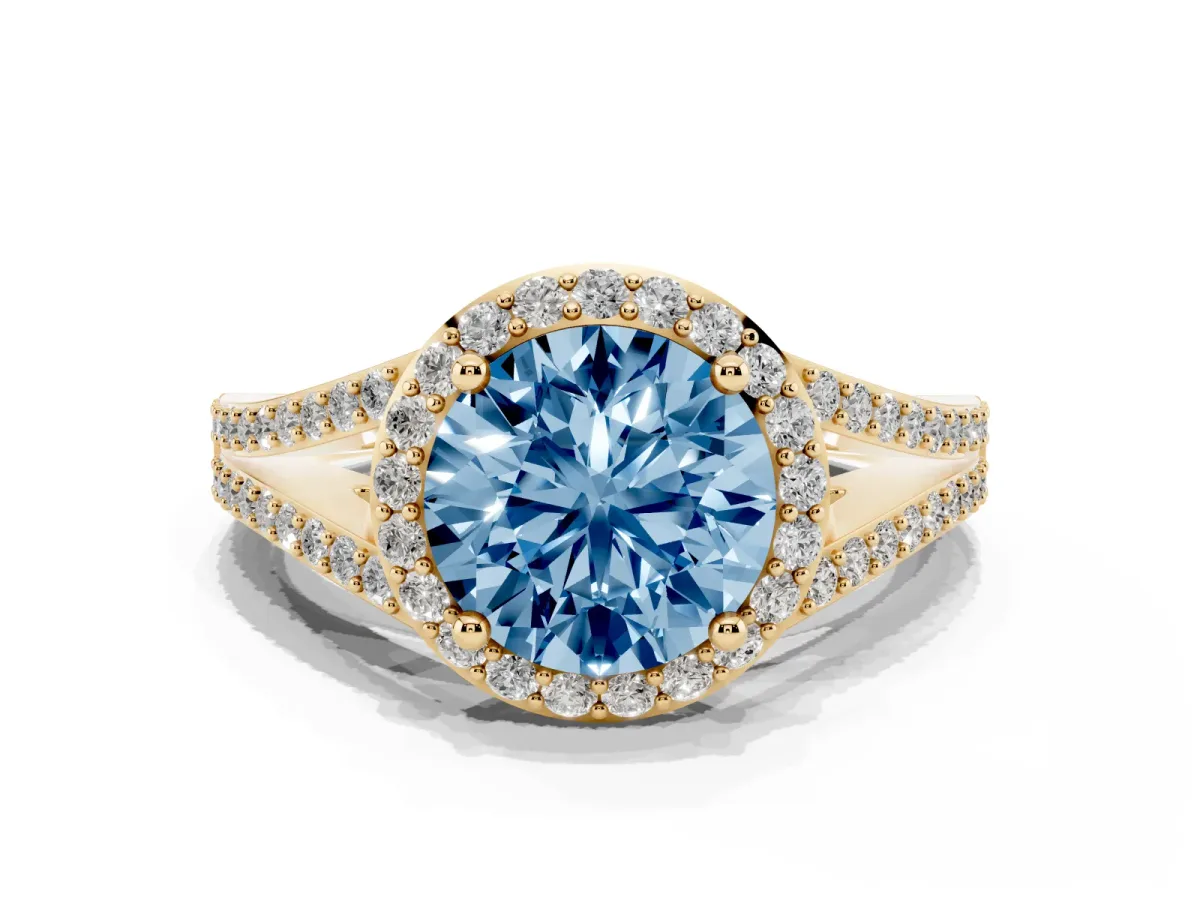 Fancy Blue Round Cut Halo Split Shank Pave Diamond Ring with Four-Prong Setting Yellow gold