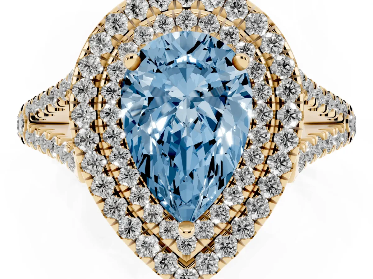 Fancy Blue Pear Cut Diamond Double Halo Ring with Pavé Band and Prong Setting Yellow gold