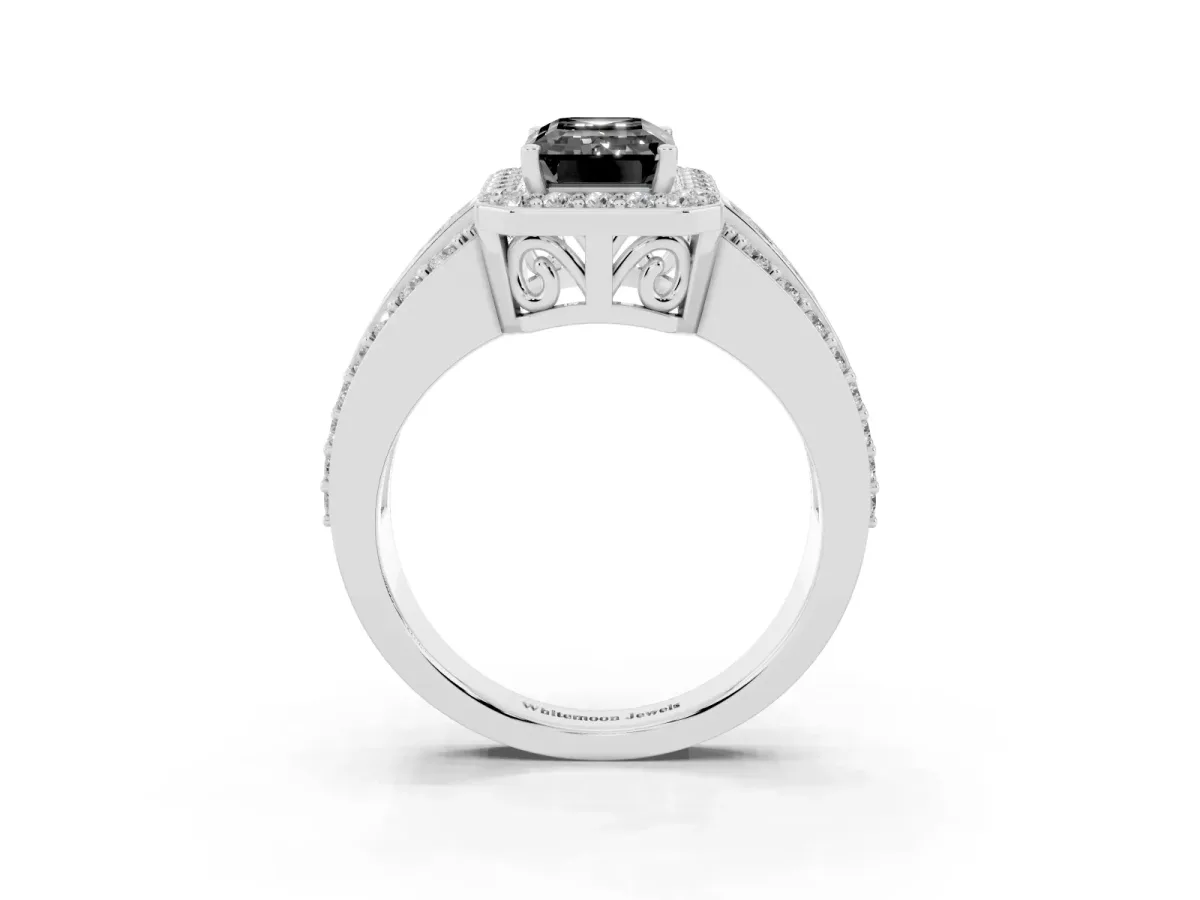 Fancy Black Emerald Cut Halo Diamond Ring with Round Split Shank and Prong Setting Platinum