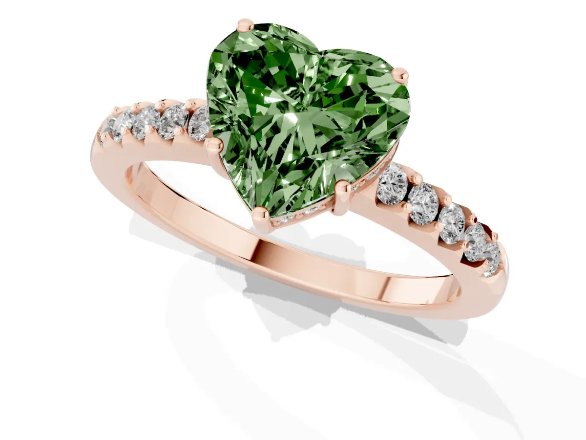 Fancy Green Heart Cut Solitaire Diamond Engagement Ring with Pavé Band and Six-Prong Setting Rose gold