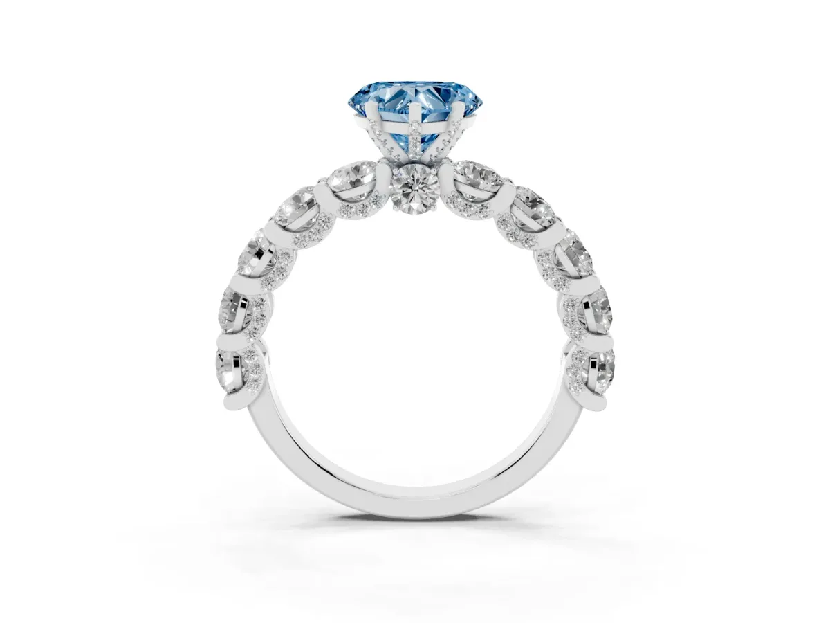 Fancy Blue Heart Cut Diamond Side Stone Engagement Ring with Four-Prong Setting White gold