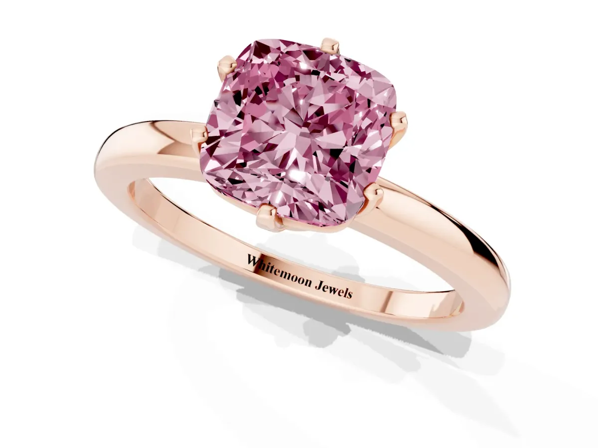 Fancy Pink Cushion Cut Solitaire Diamond Ring with Six-Prong Setting on a Classic Band Rose gold