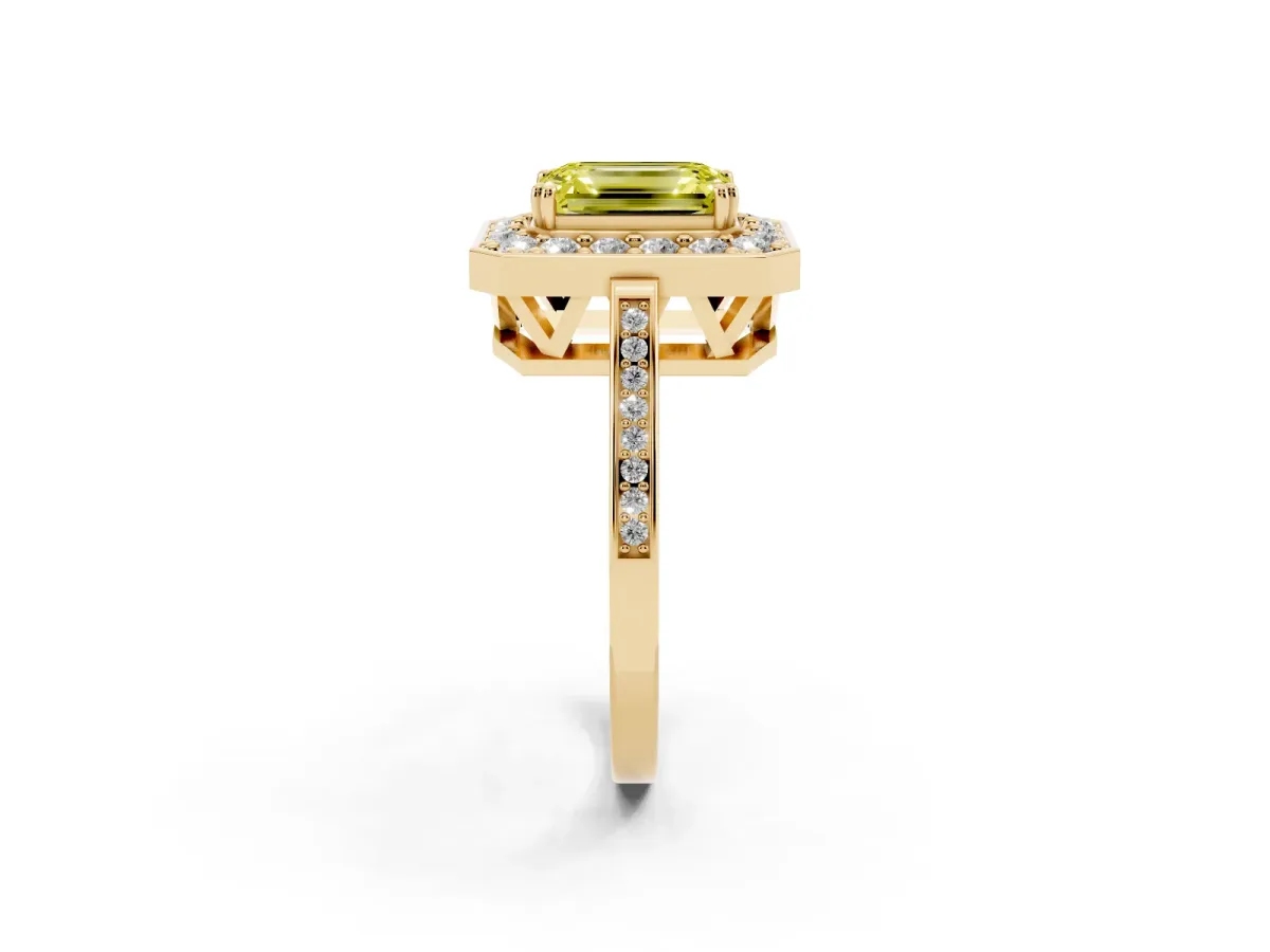 Fancy Yellow Emerald Cut Diamond Halo Ring with Split Shank and Four-Prong Setting Yellow gold
