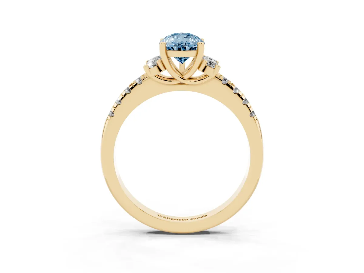 Fancy Blue Pear Cut Diamond Three-Stone Pave Band with Four-Prong Setting Yellow gold