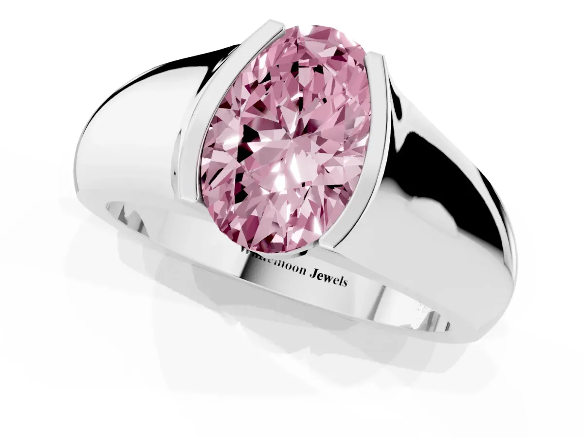 Fancy Pink Oval Cut Solitaire Bezel Set Diamond Ring with Wide Band Silver