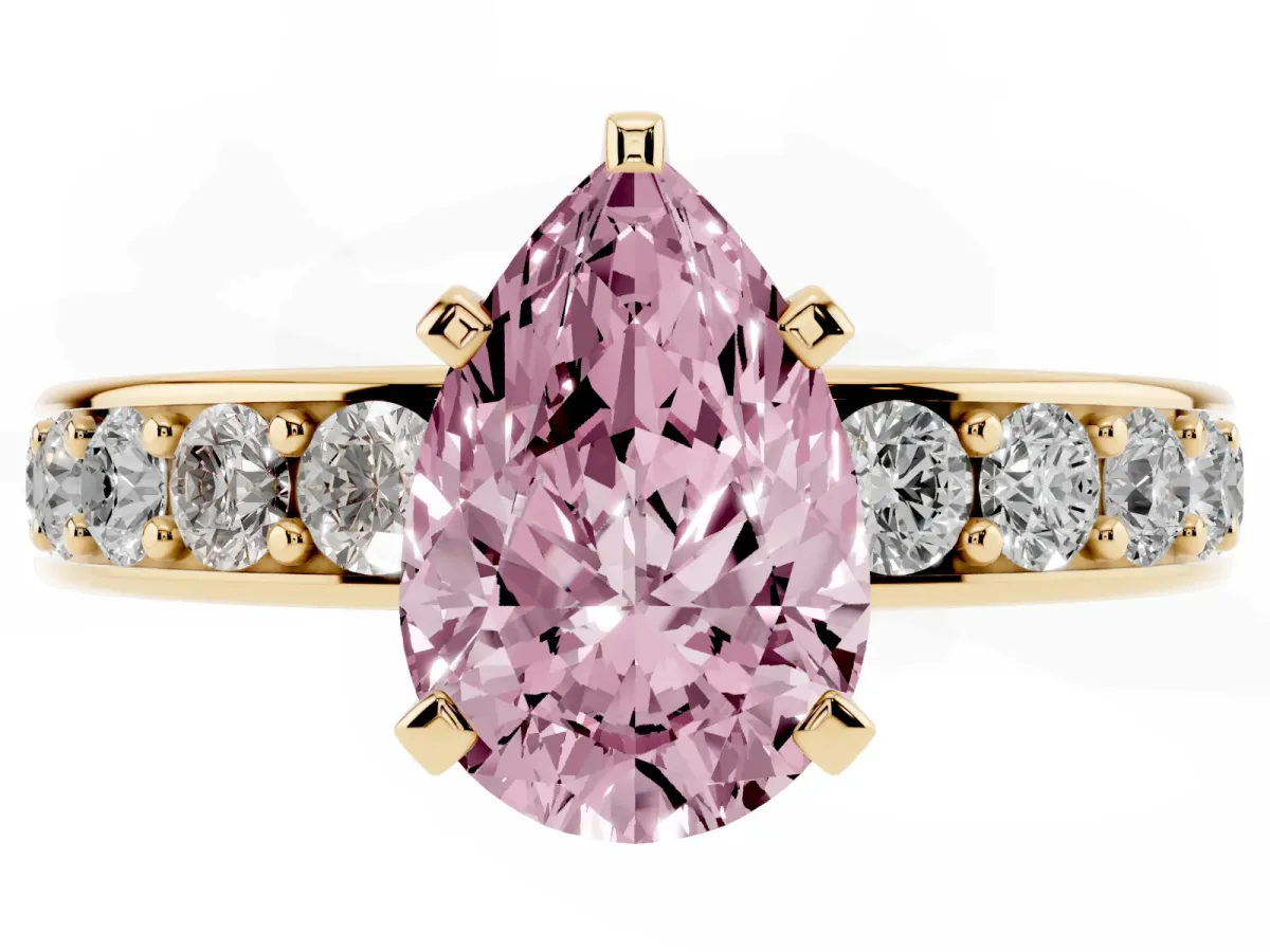 Fancy Pink Pear Cut Diamond Engagement Ring with Channel Set Round Band and Prong Setting Yellow gold