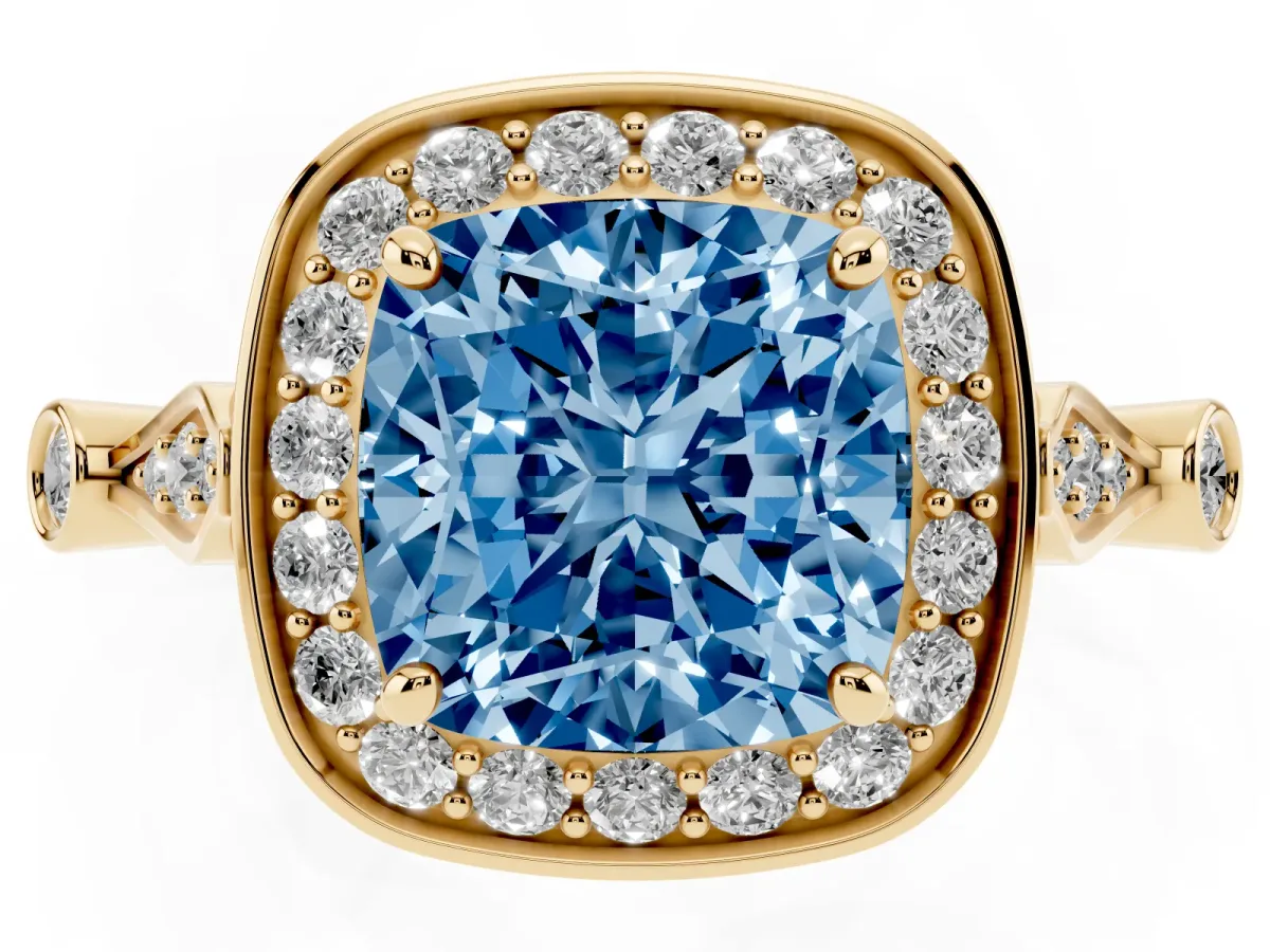 Fancy Blue Cushion Cut Halo Diamond Engagement Ring with Twisted Band and Four-Prong Setting Yellow gold