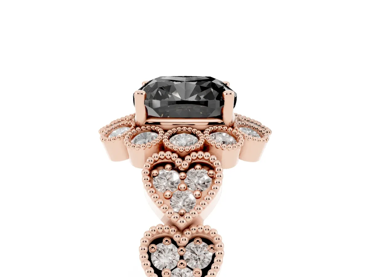 Fancy Black Cushion Cut Brilliant Milgrain Pave Heart Band Solitaire Ring Rose gold