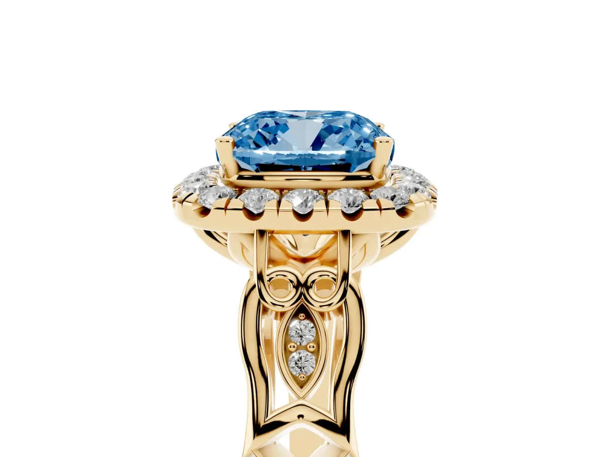 Fancy Blue Cushion Cut Halo Diamond Engagement Ring with Filigree Band and Four-Prong Setting Yellow gold