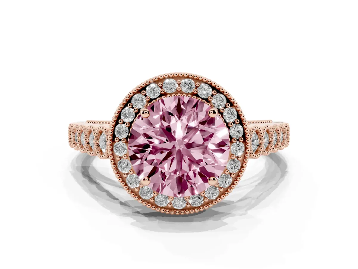 Fancy Pink Round Cut Halo Milgrain Solitaire with Bezel Set Side Stones and Pave Band Rose gold