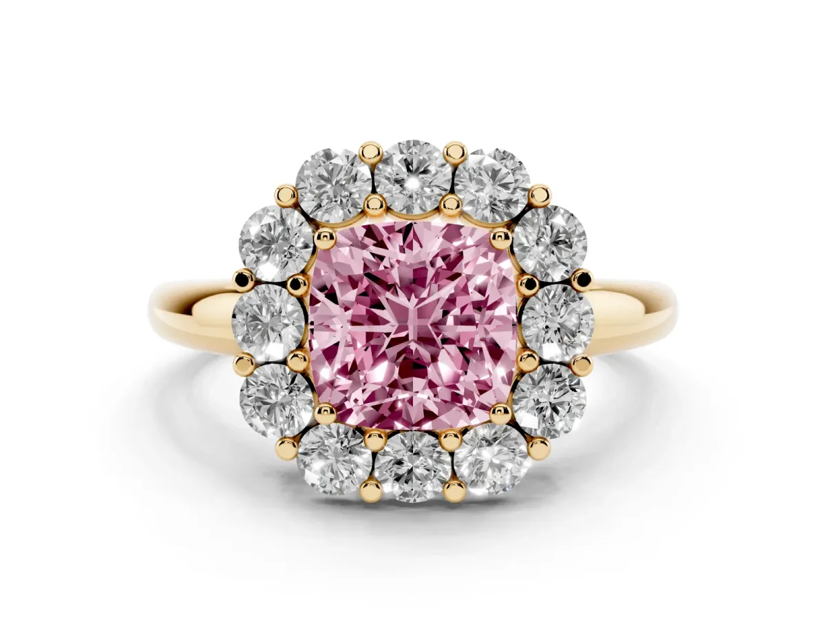Fancy Pink Cushion Cut Halo Cluster Diamond Engagement Ring with Prong Setting and Polished Band Yellow gold