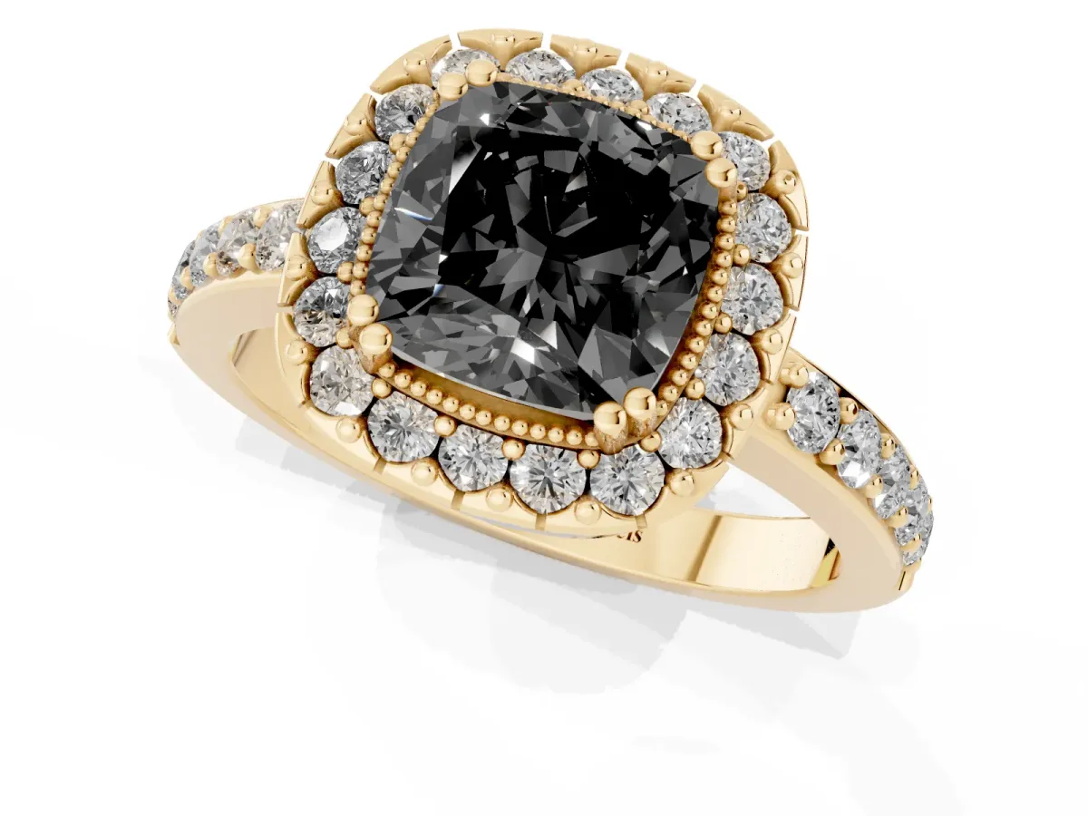 Fancy Black Cushion Cut Diamond Halo Ring with Pavé Band and Prong Setting Yellow gold
