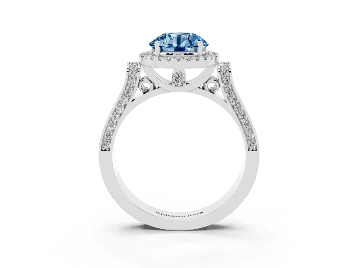 Fancy Blue Round Cut Halo Round Diamond Twist Band with Four-Prong Setting Platinum