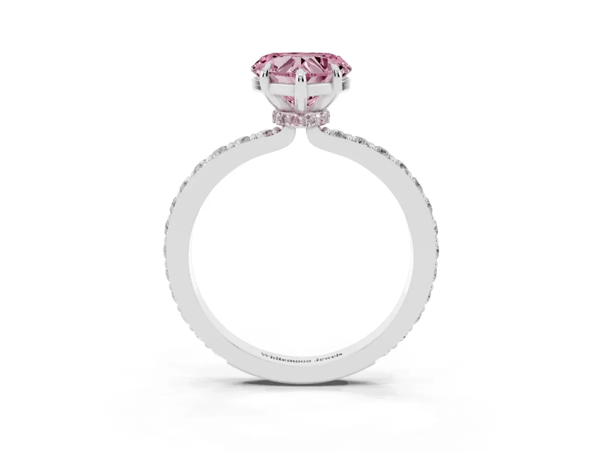 Fancy Pink Heart Cut Diamond Pavé Engagement Ring with Round Accents and Prong Setting White gold