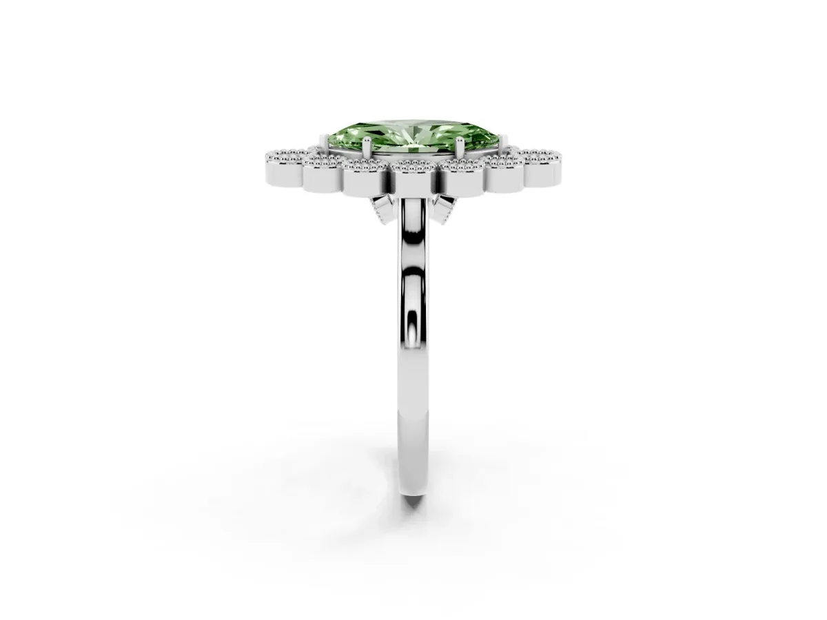 Fancy Green Marquise Cut Halo Diamond Cluster Engagement Ring with Milgrain Bezel Setting and Solitaire Band White gold