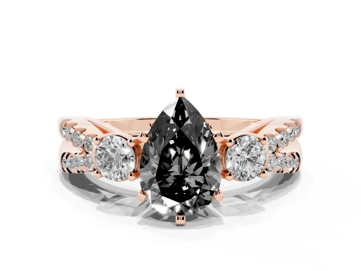 Fancy Black Pear Cut Diamond Three-Stone Ring with Pavé Split Shank and Four-Prong Setting Rose gold