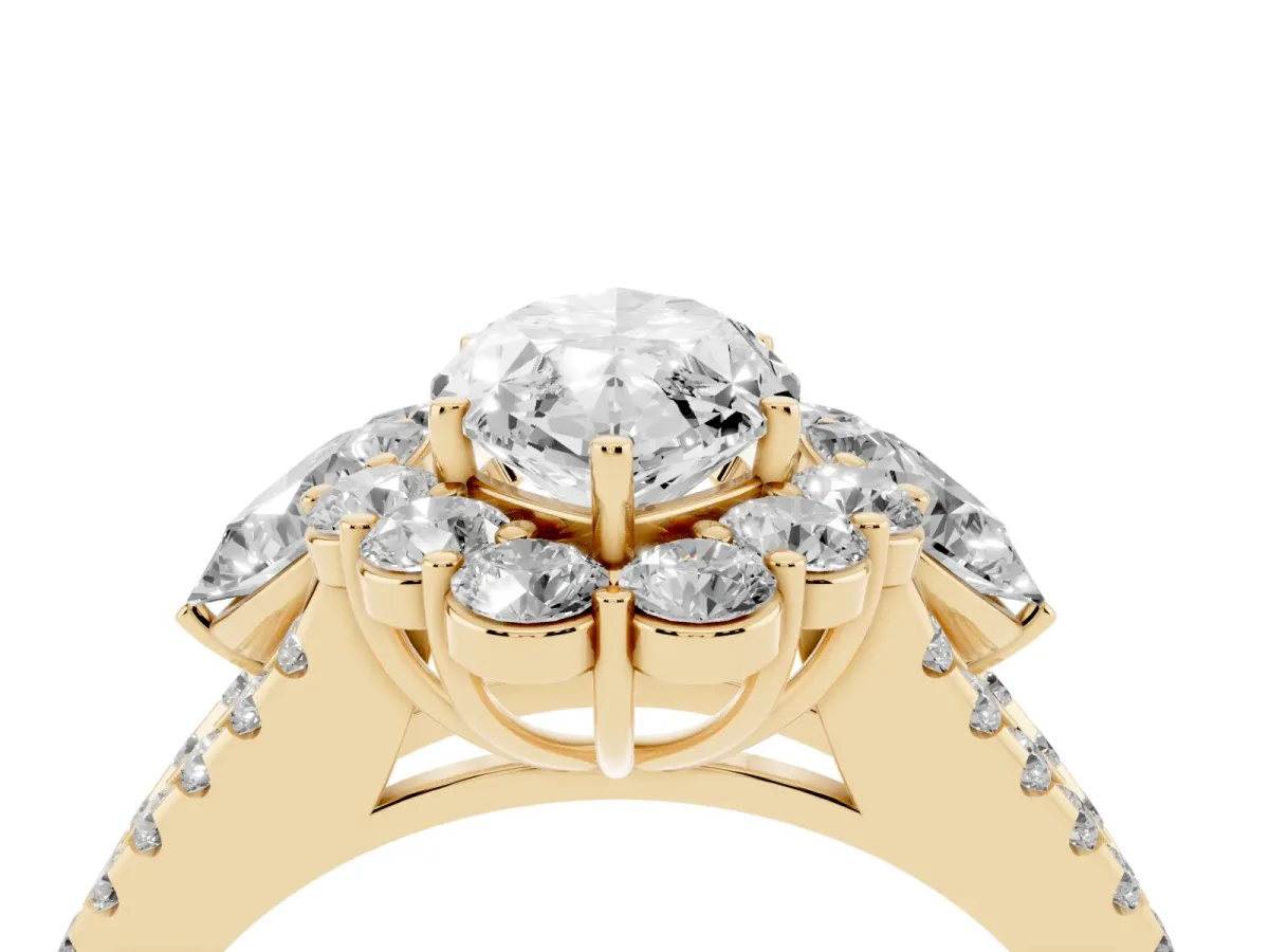 Marquise Cut Halo Split Shank Diamond Engagement Ring with Prong Setting Yellow gold