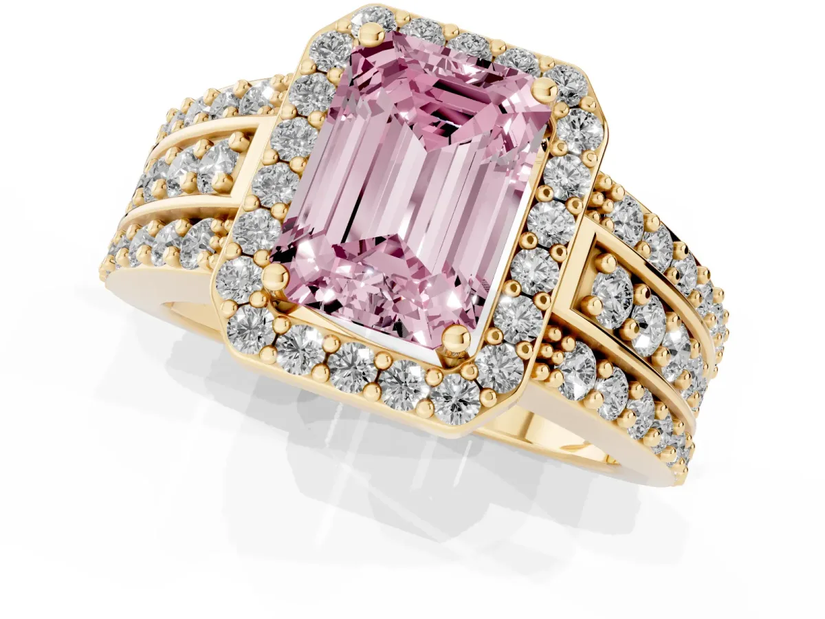 Fancy Pink Emerald Cut Halo Diamond Ring with Round Split Shank and Prong Setting Yellow gold