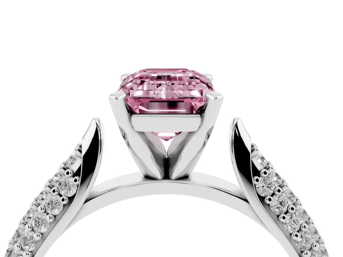 Fancy Pink Emerald Cut Diamond Solitaire Engagement Ring with Multi-Row Round Pavé Band and Prong Setting Silver