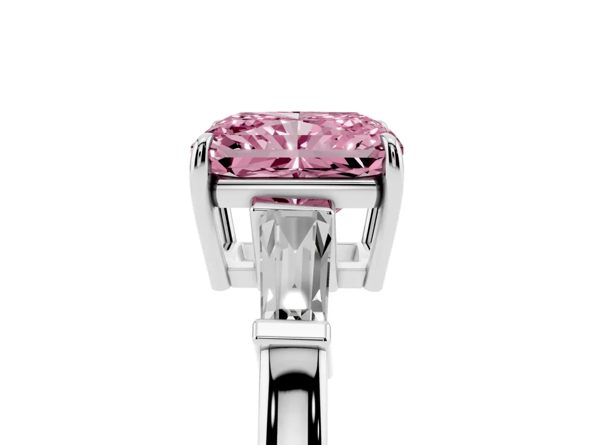 Fancy Pink Radiant Cut Diamond Three-Stone Ring with Tapered Baguette Side Stones and Prong Setting Silver