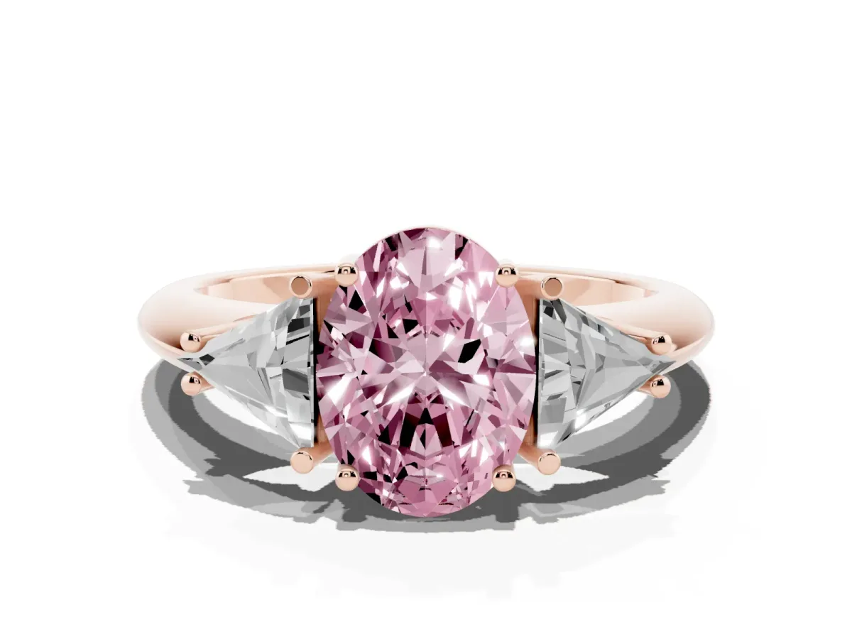 Fancy Pink Three-Stone Oval Cut Diamond Engagement Ring with Trillion Side Stones and Prong Setting Rose gold