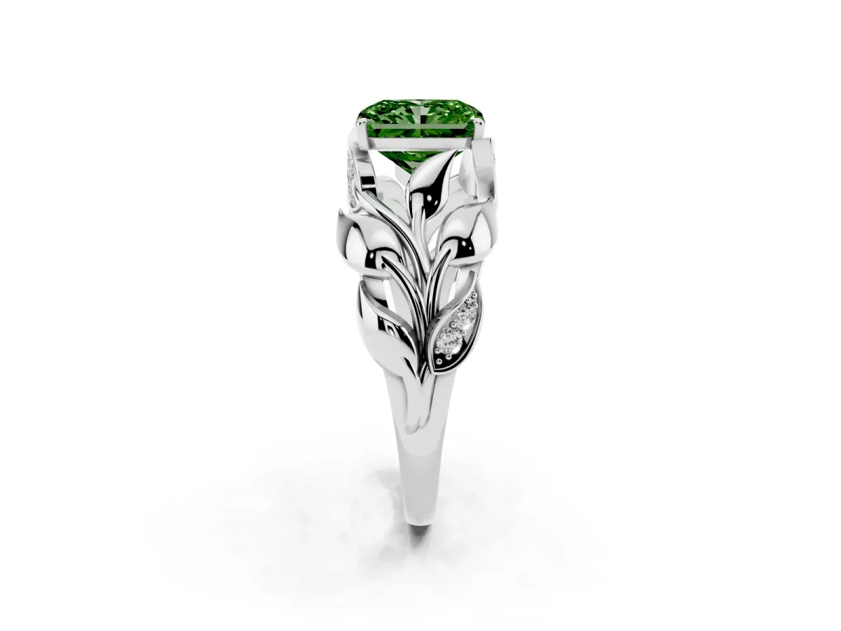 Fancy Green Radiant Cut Diamond Leaf-Inspired Engagement Ring with Round Accents and Prong Setting White gold