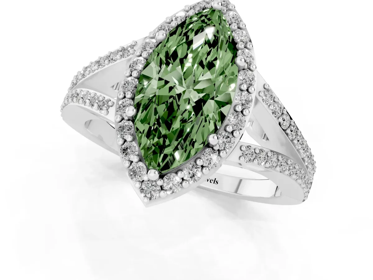 Fancy Green Marquise Cut Halo Split Shank Pave Diamond Ring with Four-Prong Setting Platinum