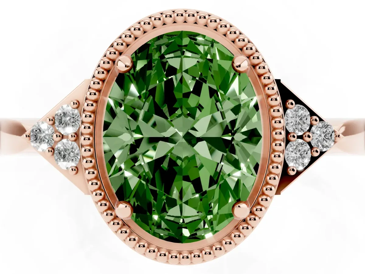 Fancy Green Hexagonal Halo Oval Cut Diamond Solitaire with Pavé Band and Four-Prong Setting Rose gold