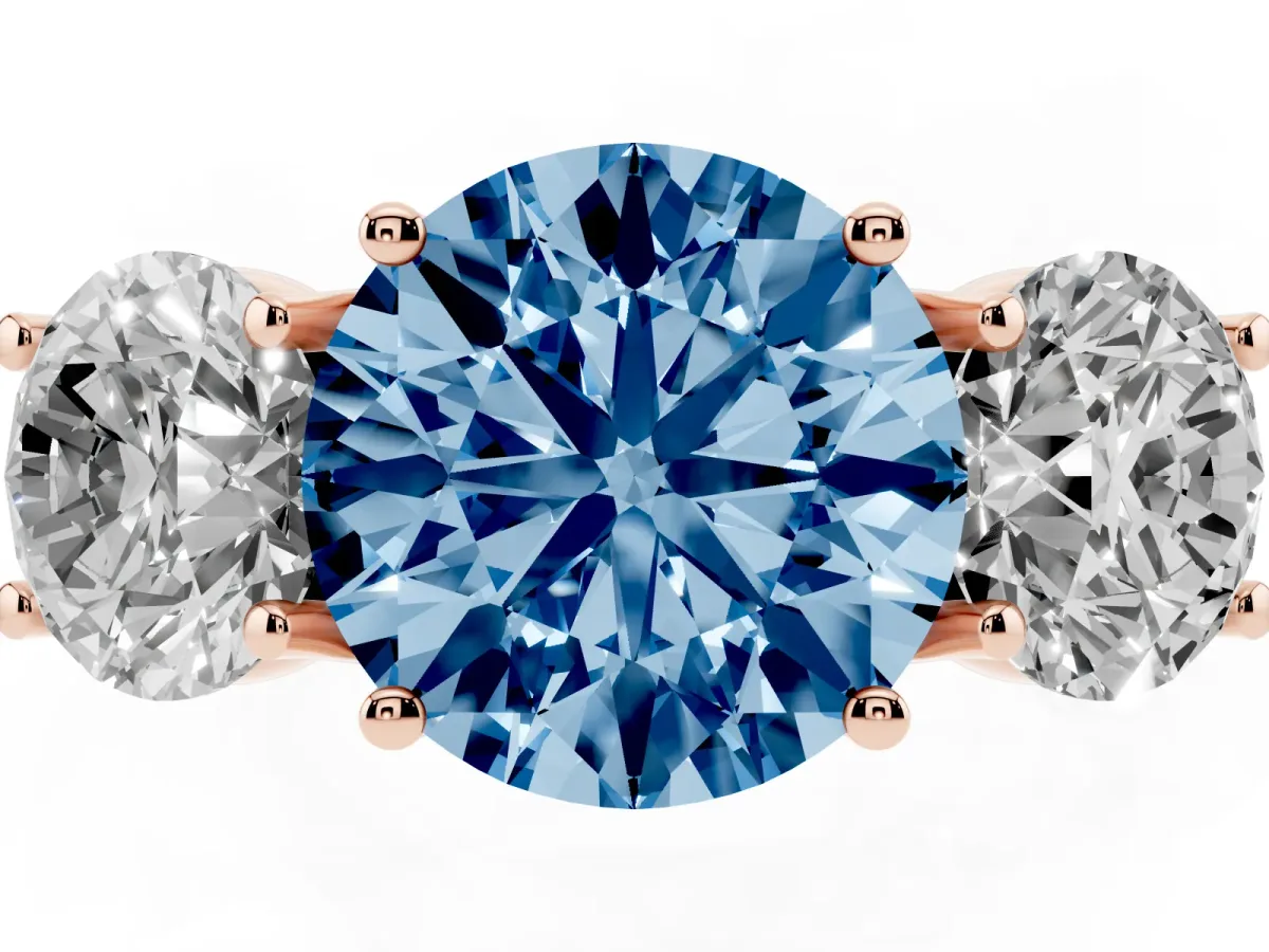 Fancy Blue Three-Stone Round Cut Diamond Engagement Ring with Prong Setting Rose gold