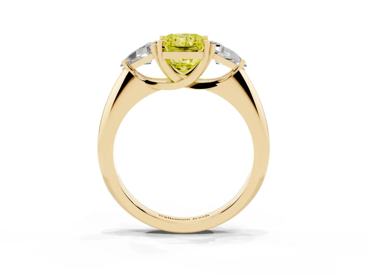 Fancy Yellow Three-Stone Radiant Cut Diamond Engagement Ring with Trillion Side Stones and Prong Setting Yellow gold