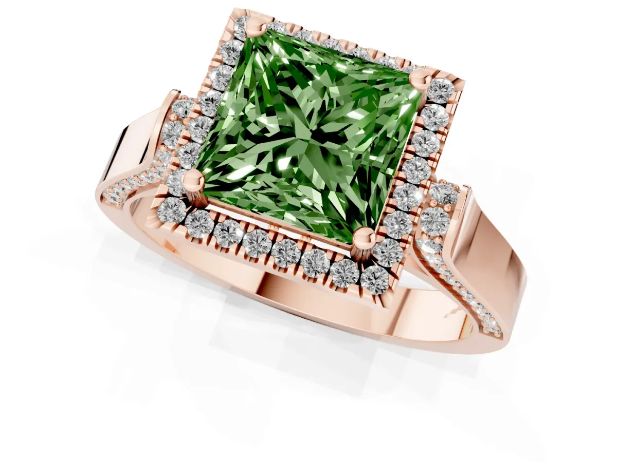 Fancy Green Princess Cut Halo Round Diamond Twist Band with Four-Prong Setting Rose gold