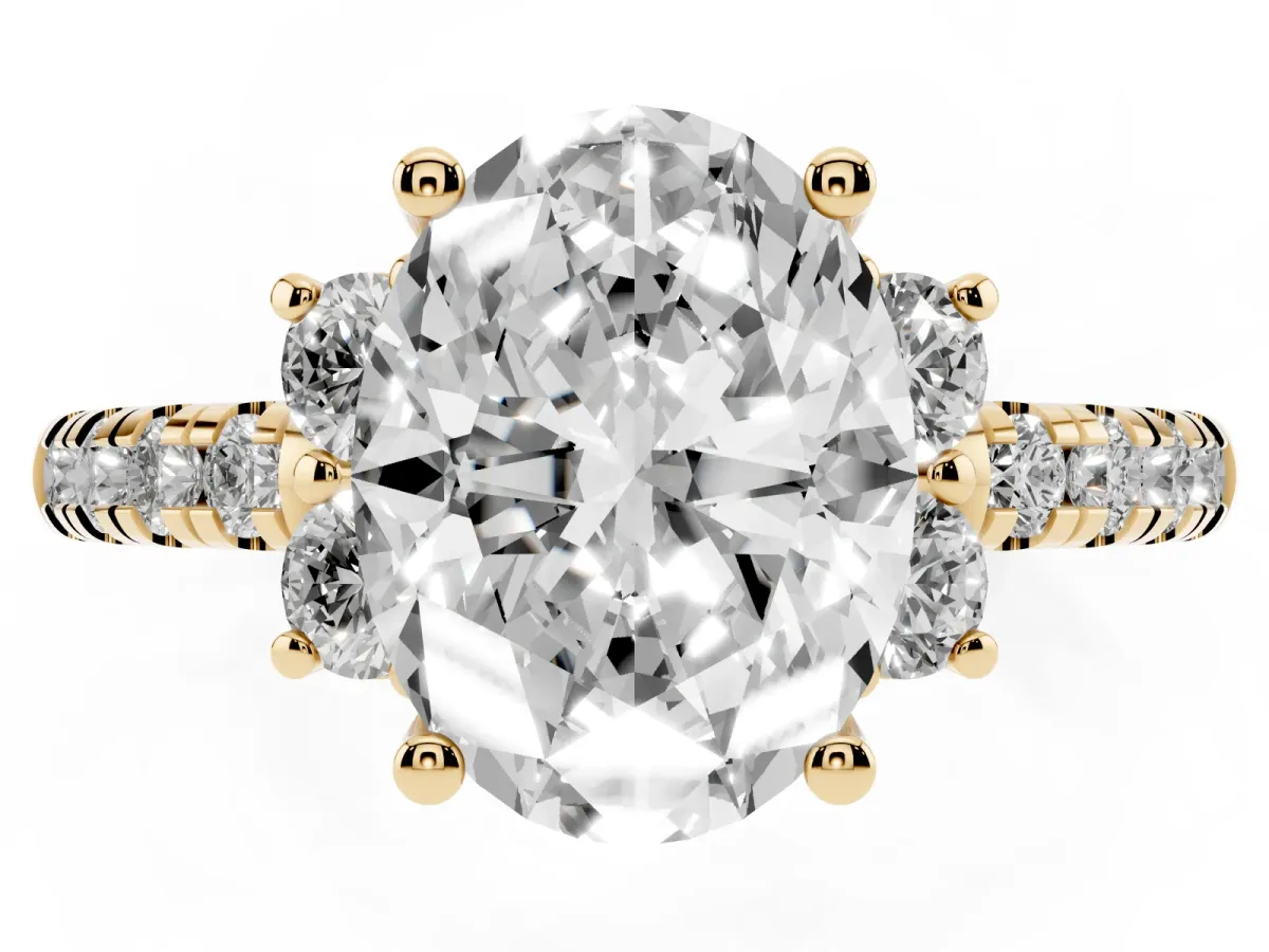 Oval Cut Diamond Three-Stone Pave Band with Four-Prong Setting Yellow gold