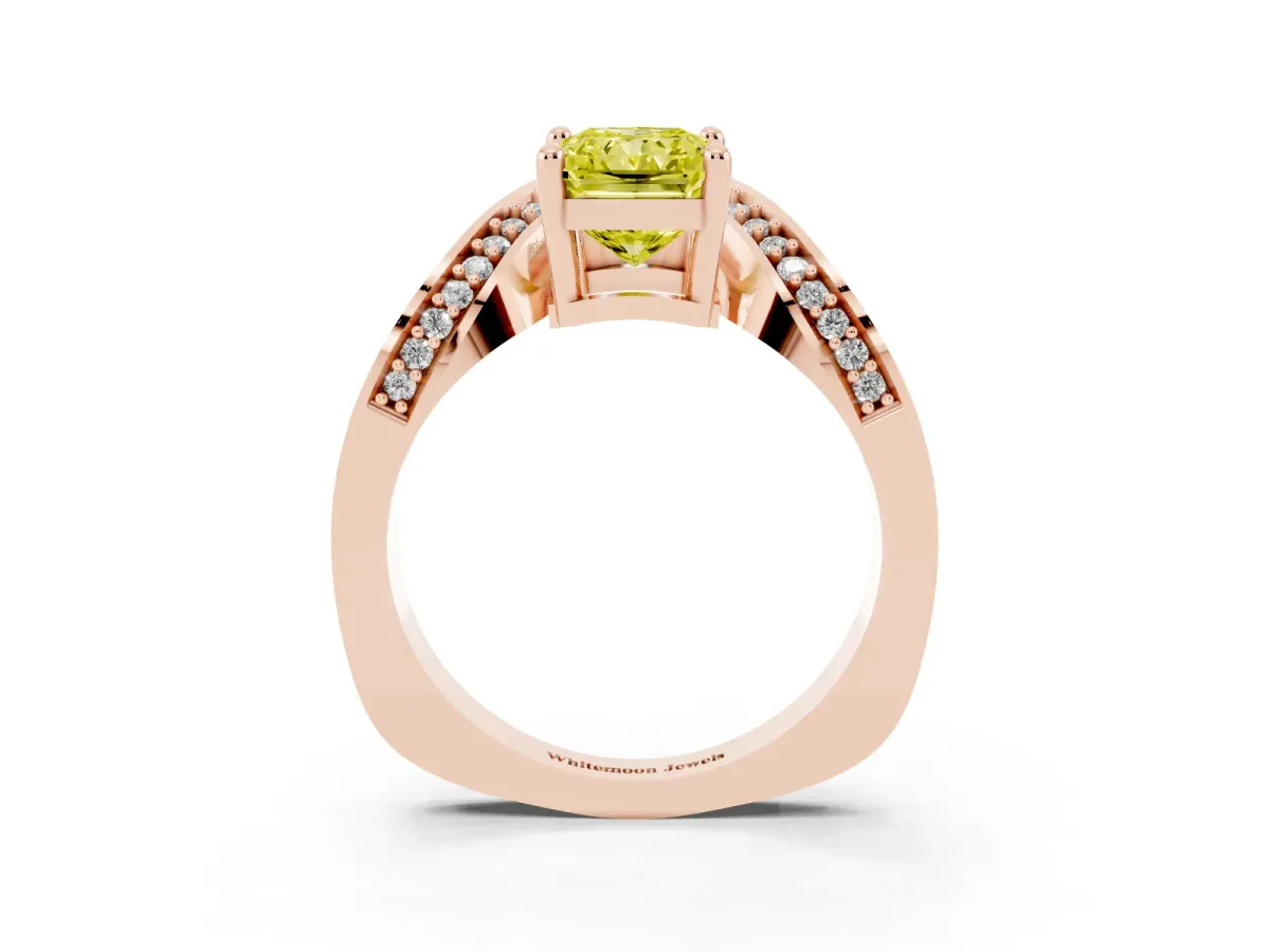 Fancy Yellow Radiant Cut Solitaire Diamond Engagement Ring with Pave Band and Four-Prong Setting Rose gold
