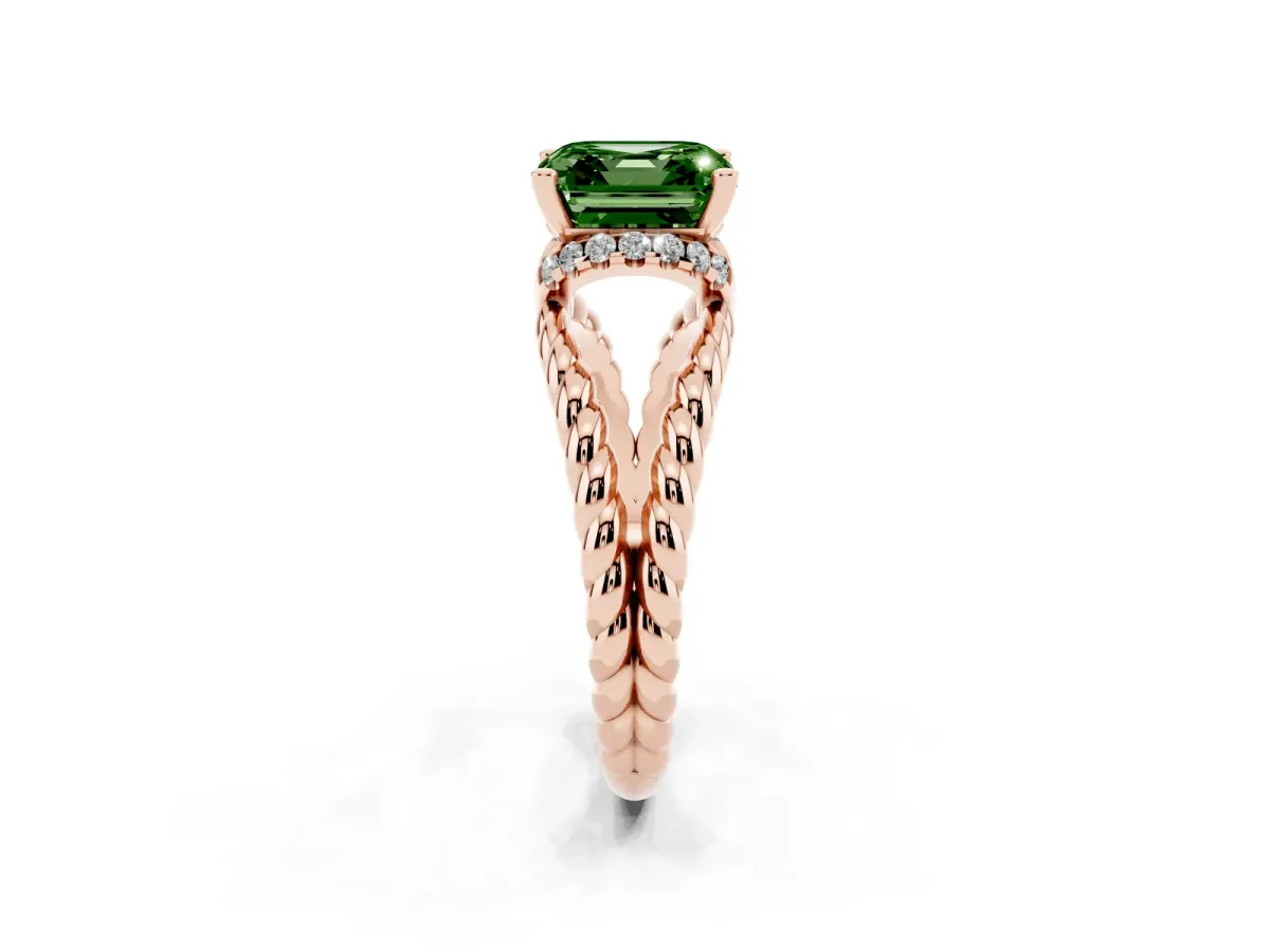 Fancy Green Asscher Cut Halo Twisted Band Four-Prong Ring Rose gold