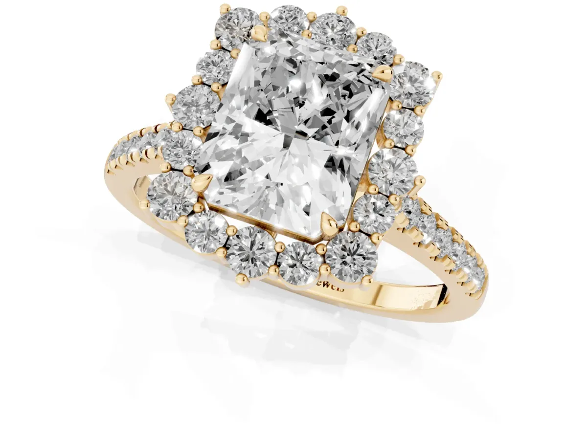 Radiant Cut Halo Diamond Ring with Pavé Band and Prong Setting Yellow gold