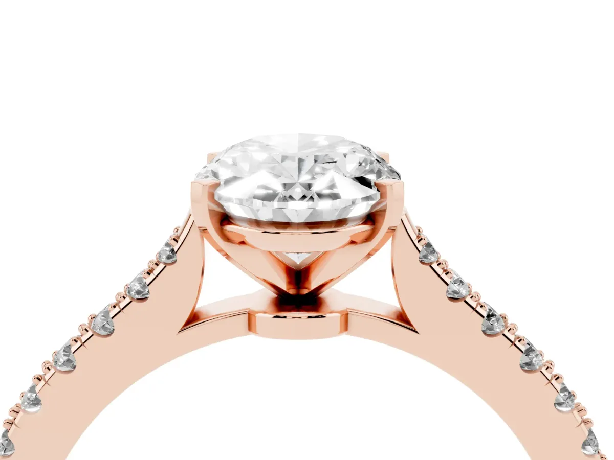 Oval Cut Cut Solitaire Diamond Engagement Ring with Pave Band and Four-Prong Setting Rose gold
