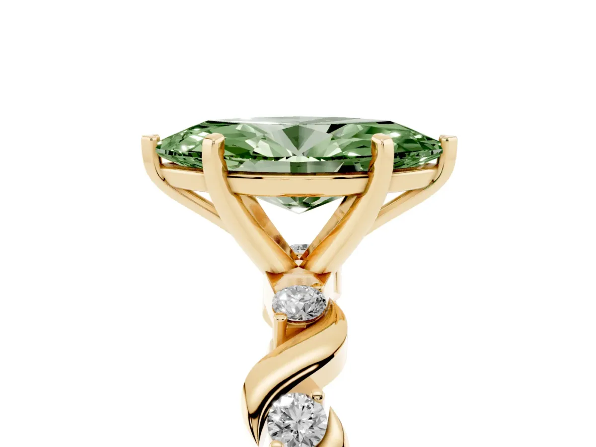 Fancy Green Marquise Cut Diamond Solitaire Twisted Band with Round Accents and Prong Setting Yellow gold