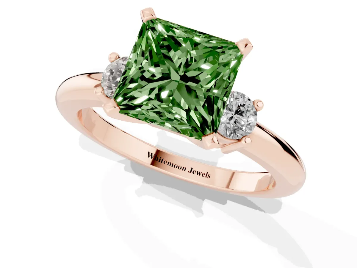 Fancy Green Three-Stone Princess Cut Cut Diamond Solitaire with Prong Setting and Classic Band Rose gold