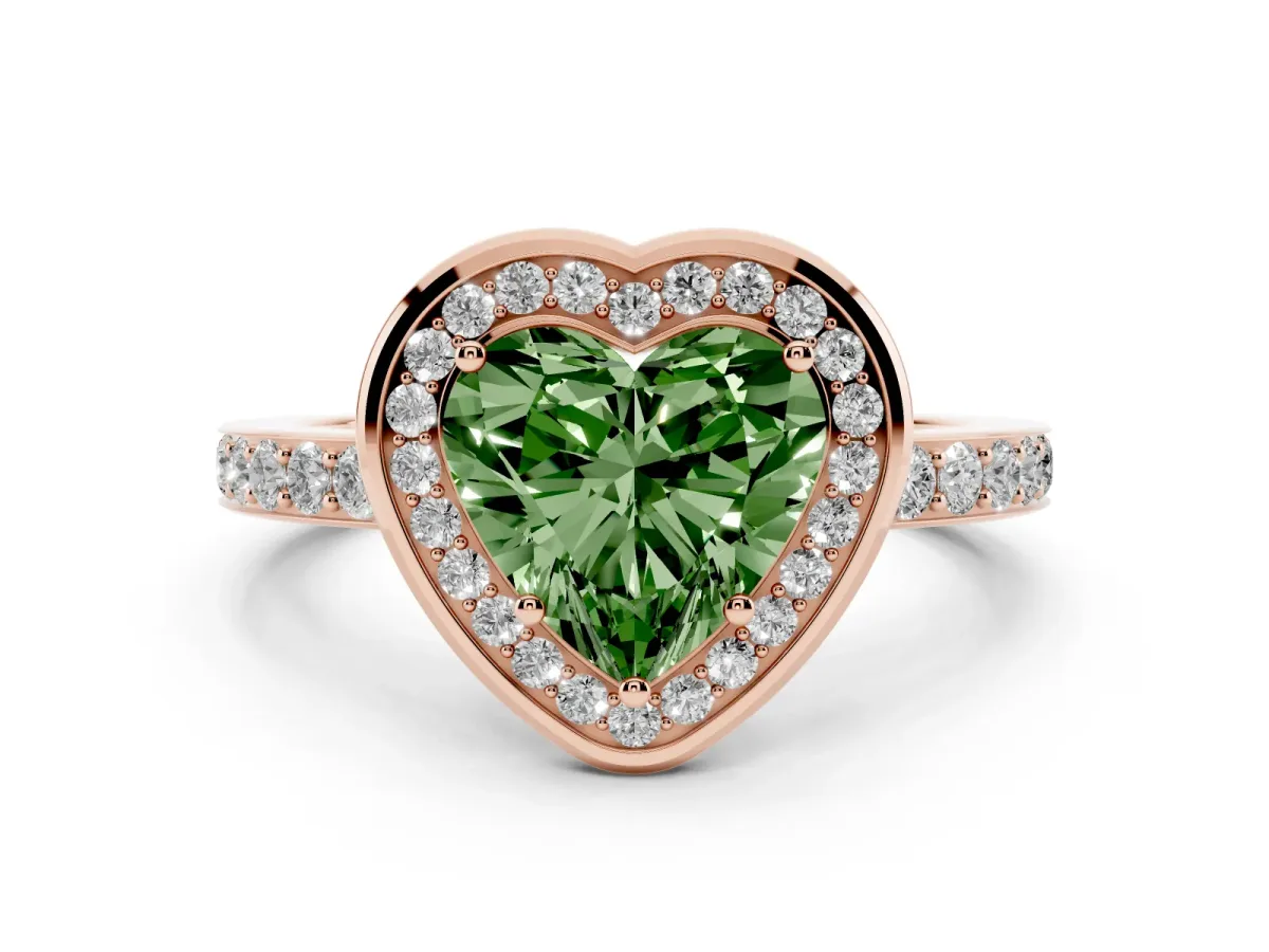 Fancy Green Heart Cut Diamond Halo Ring with Bezel Frame and Pavé Band Rose gold