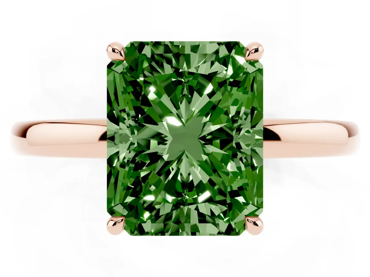 Fancy Green Radiant Cut Solitaire Engagement Ring with Cathedral Band and Four-Prong Setting Rose gold