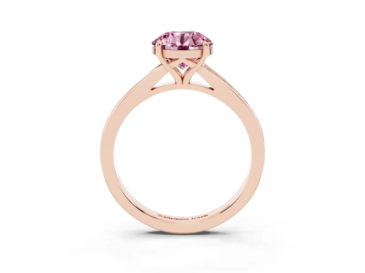 Fancy Pink Round Cut Diamond Solitaire Ring with Pavé Band and Prong Setting Rose gold