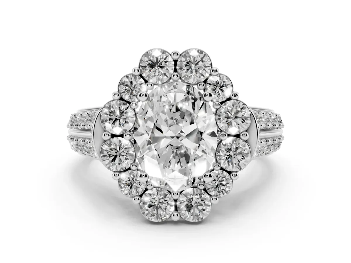 Oval Cut Halo Diamond Engagement Ring with Split Shank and Prong Setting Silver