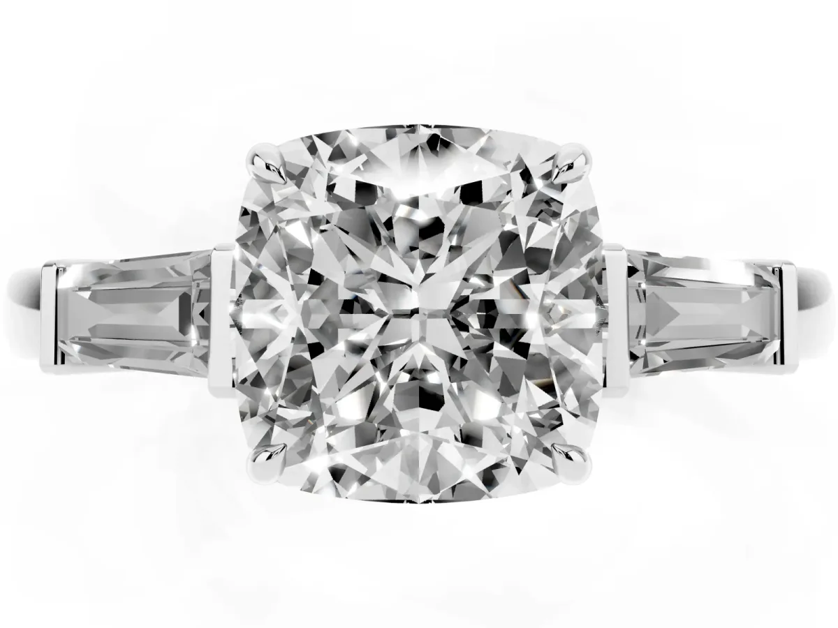 Cushion Cut Diamond Three-Stone Ring with Tapered Baguette Side Stones and Prong Setting White gold