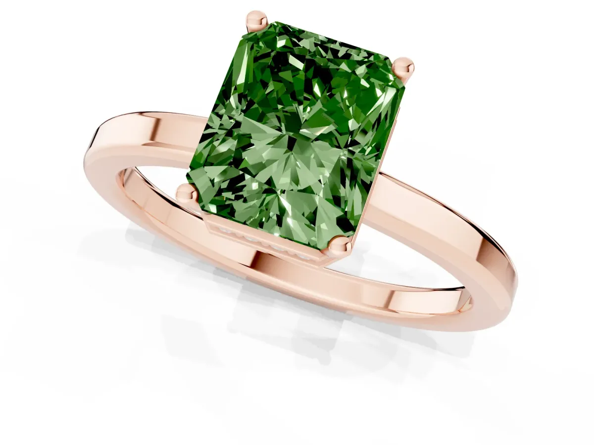 Fancy Green Radiant Cut Cut Solitaire Engagement Ring with Four-Prong Setting on a Classic Band Rose gold
