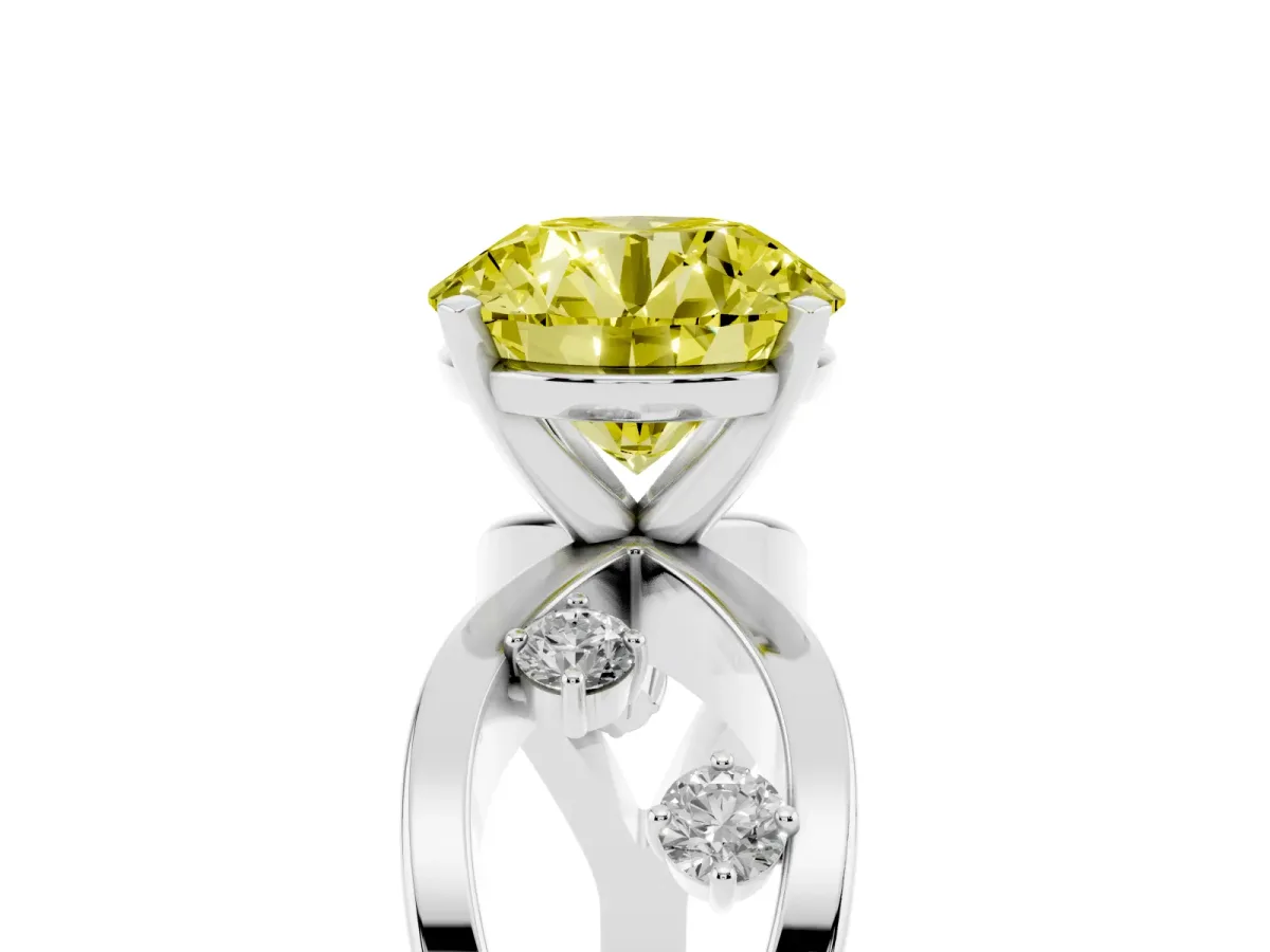 Fancy Yellow Round Cut Cut Solitaire Diamond with Side Stones on Criss-Cross Band and Four-Prong Setting Silver