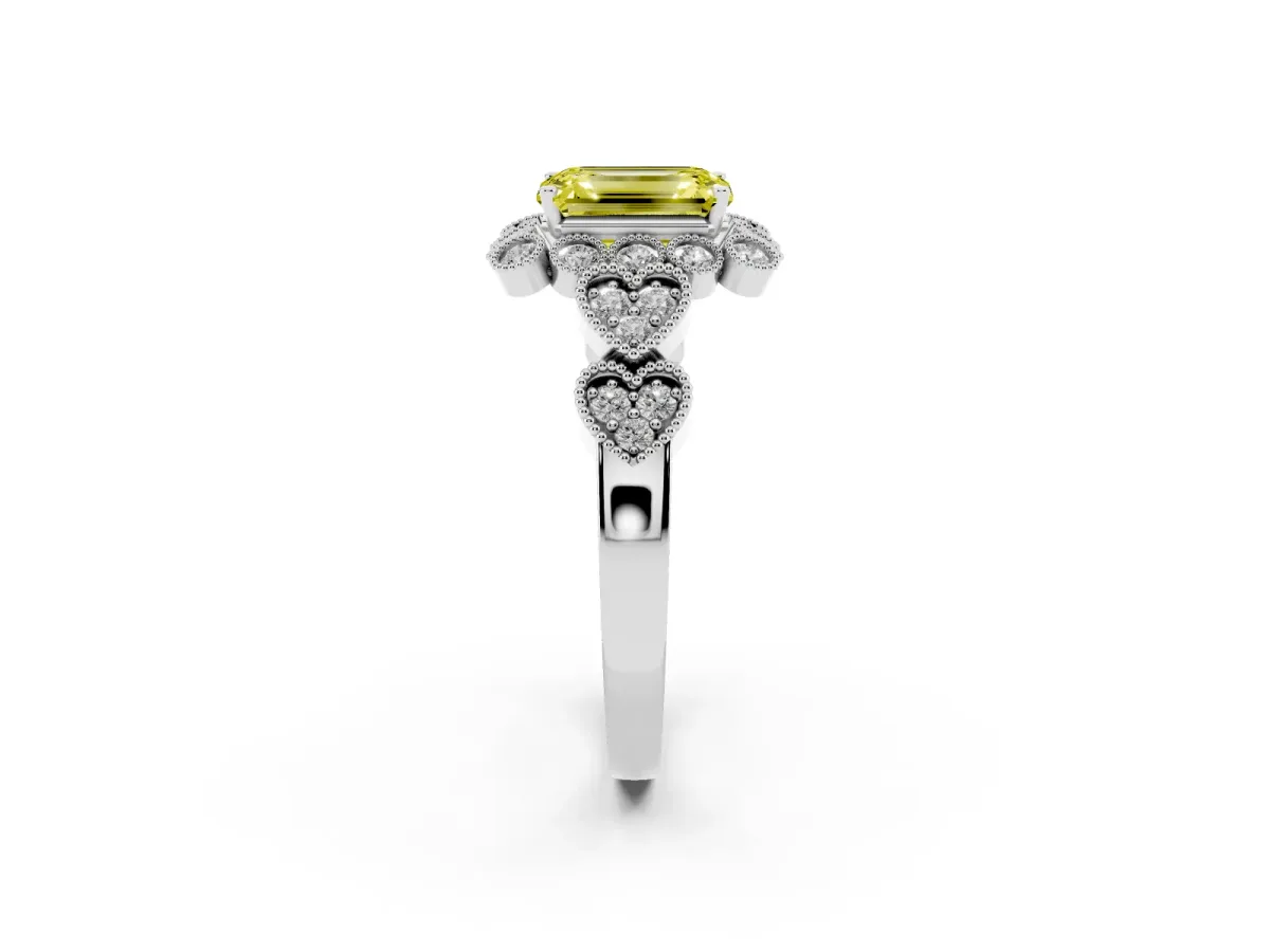 Fancy Yellow Emerald Cut Brilliant Milgrain Pave Heart Band Solitaire Ring Silver